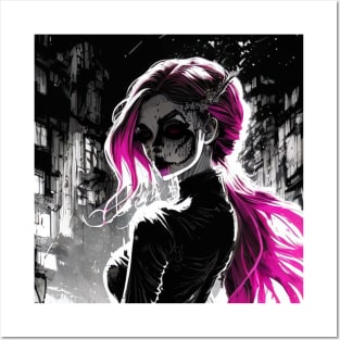 Shades of Mystery: Captivating Black and White Anime Girl Renderings Horror Goth Gothic Dark Pink Hair Fashion Posters and Art
